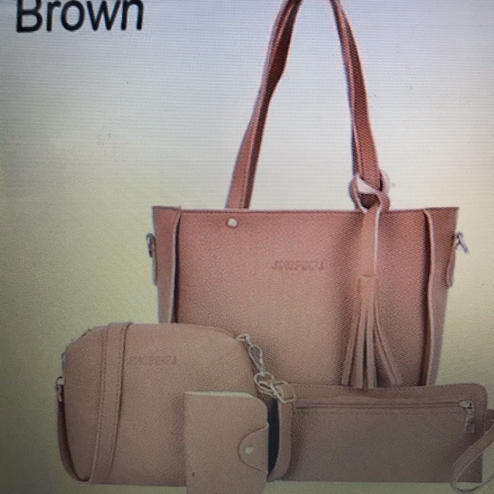 4 PC TOTE SHOULDER PURSE CLUTCH BROWN BLK OR PEACH